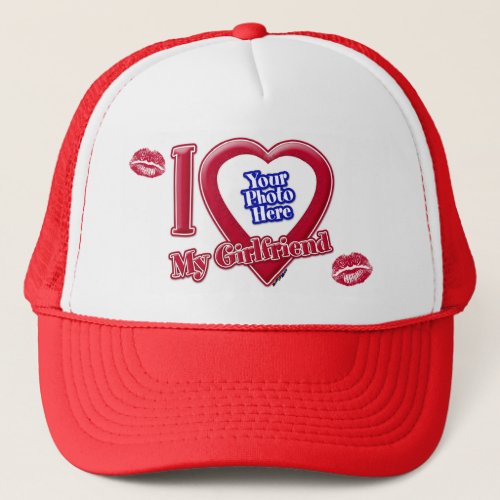 I Love My Girlfriend Photo Red Heart Lips Trucker Hat