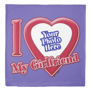 I Love My Girlfriend Photo Red Heart Purple Duvet Cover
