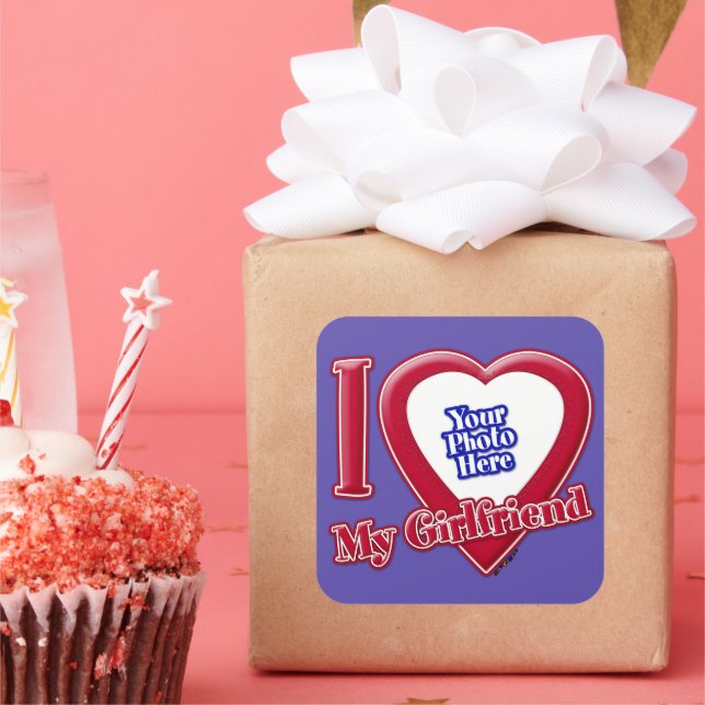 I Love My Girlfriend Photo Red Heart Purple Square Sticker (Party)