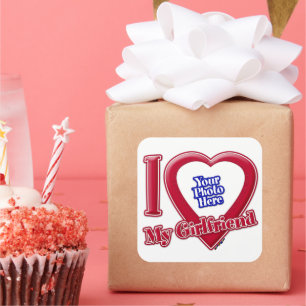 I Love My Girlfriend Photo Red Heart Square Sticker