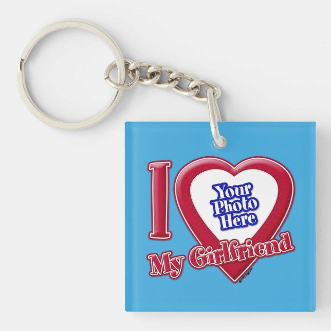 I Love My Girlfriend Photo Red Heart Teal Keychain (Front)