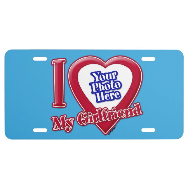 I Love My Girlfriend Photo Red Heart Teal License Plate (Front)