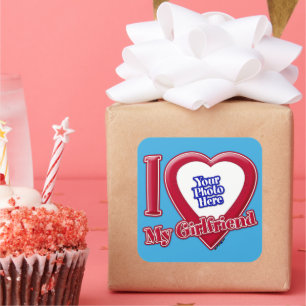 I Love My Girlfriend Photo Red Heart Teal Square Sticker