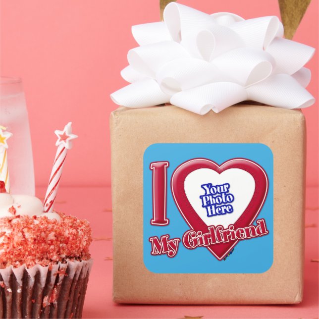 I Love My Girlfriend Photo Red Heart Teal Square Sticker (Party)