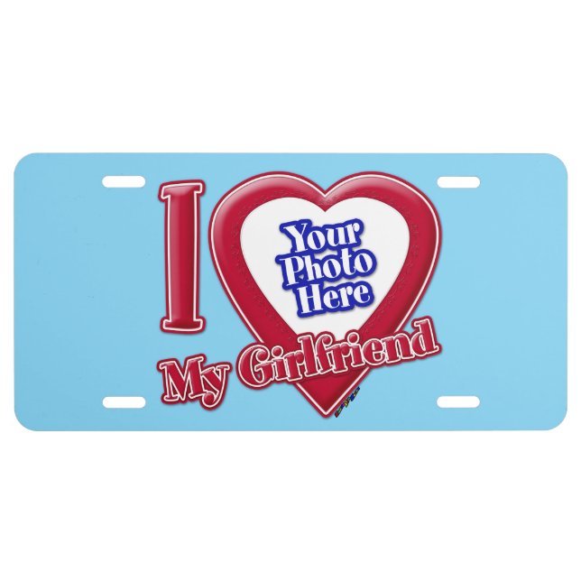 I Love My Girlfriend Photo Red Heart Turquoise License Plate (Front)