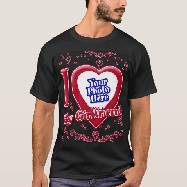 I Love My Girlfriend Photo Red Hearts Black T-Shirt (Front)