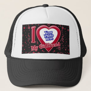 I Love My Girlfriend Photo Red Hearts Black Trucker Hat
