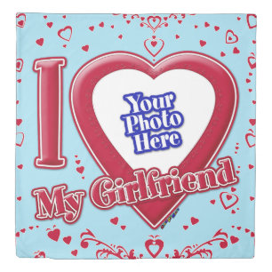 I Love My Girlfriend Photo Red Hearts Blue Horizon Duvet Cover