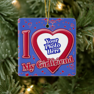 I Love My Girlfriend Photo Red Hearts Deep Royal B Ceramic Ornament