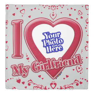 I Love My Girlfriend Photo Red Hearts Grey Duvet Cover