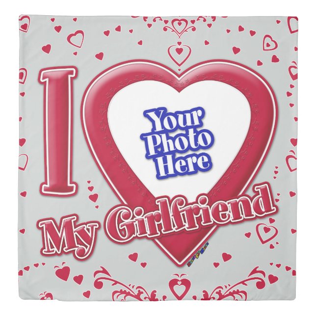 I Love My Girlfriend Photo Red Hearts Grey Duvet Cover (Front)