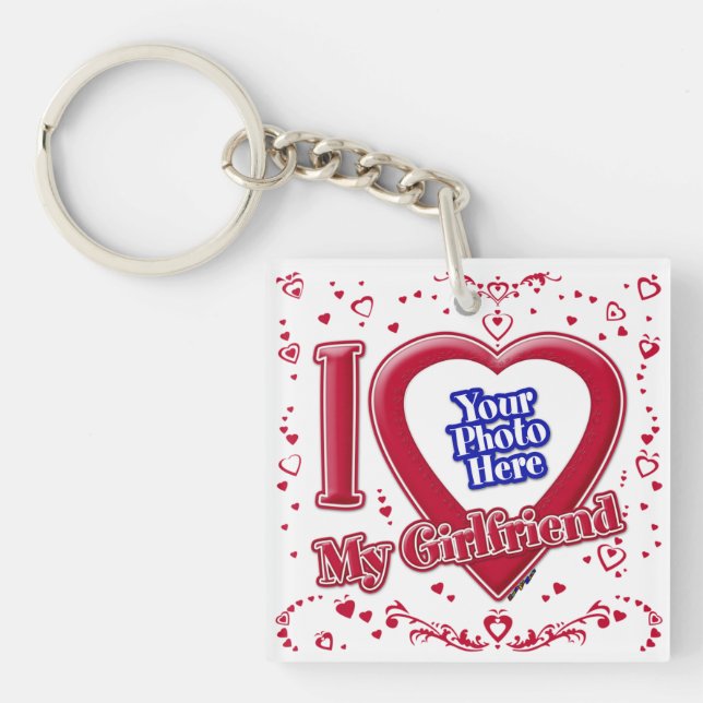 I Love My Girlfriend Photo Red Hearts Keychain (Front)