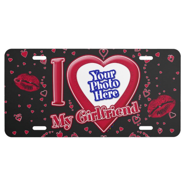 I Love My Girlfriend Photo Red Hearts Kiss Black License Plate (Front)