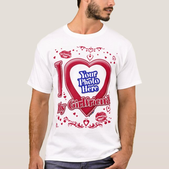 I Love My Girlfriend Photo Red Hearts Kiss T-Shirt (Front)