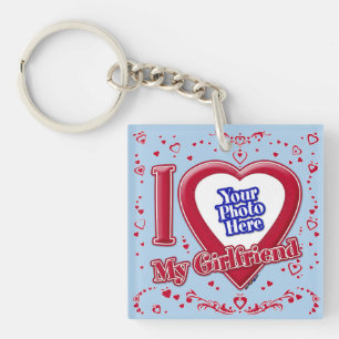 I Love My Girlfriend Photo Red Hearts Light Blue Keychain