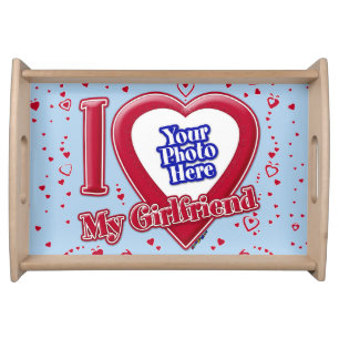 I Love My Girlfriend Photo Red Hearts Light Blue Serving Tray