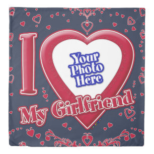 I Love My Girlfriend Photo Red Hearts Navy Duvet Cover