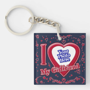 I Love My Girlfriend Photo Red Hearts Navy Keychain