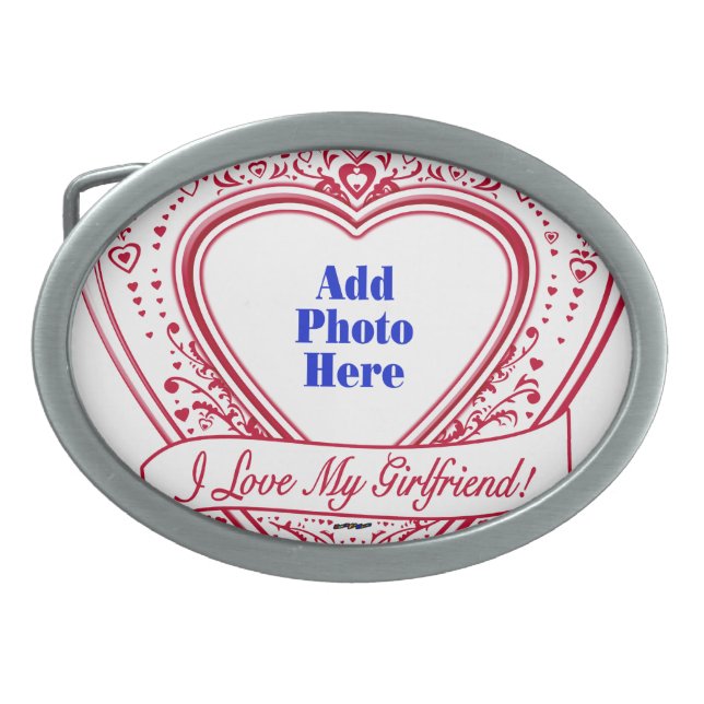 I Love My Girlfriend! Photo Red Hearts Oval Belt Buckle (Front)
