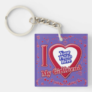 I Love My Girlfriend Photo Red Hearts Purple Keychain