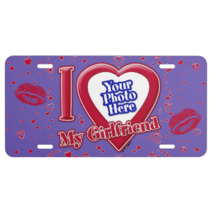 I Love My Girlfriend Photo Red Hearts Purple License Plate