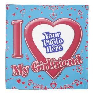I Love My Girlfriend Photo Red Hearts Teal Duvet Cover