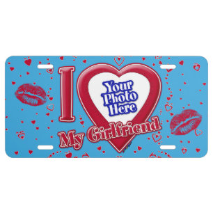 I Love My Girlfriend Photo Red Hearts Teal License Plate