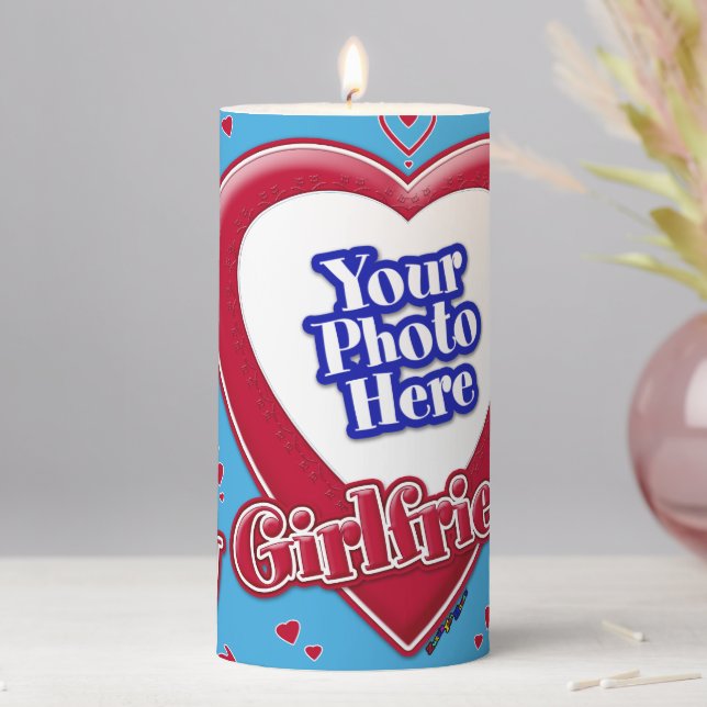 I Love My Girlfriend Photo Red Hearts Teal Pillar Candle (In Situ)
