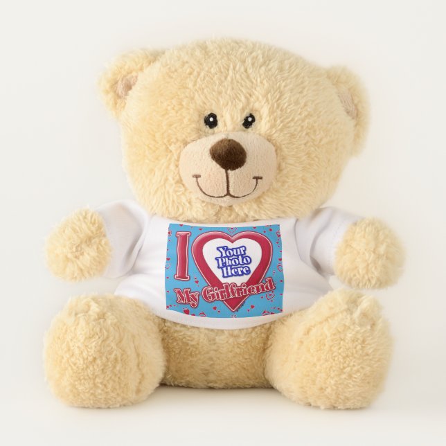 I Love My Girlfriend Photo Red Hearts Teal Teddy Bear (Front)