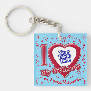 I Love My Girlfriend Photo Red Hearts Turquoise Keychain
