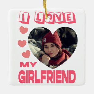I Love My Girlfriend Pink Heart Custom Photo Ceramic Ornament