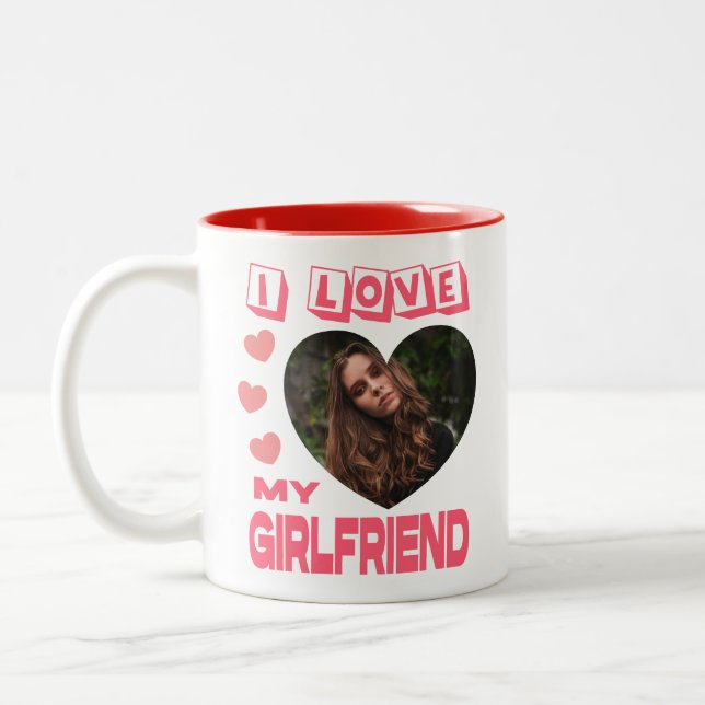 I Love My Girlfriend Pink Heart Custom Photo Two-Tone Coffee Mug (Left)