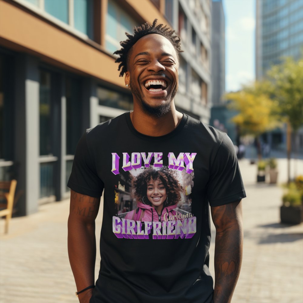 Discover I Love My Girlfriend Purple Bootleg Rapper Photo Personalized T-Shirt
