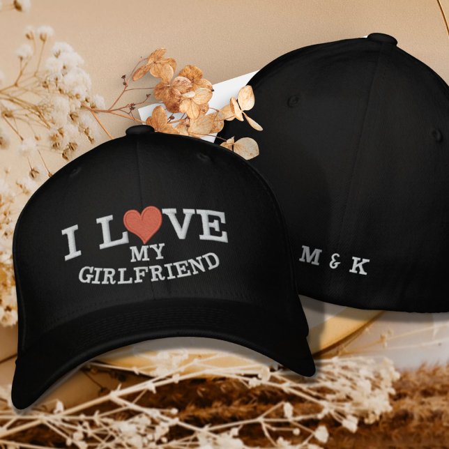 I Love My Girlfriend Red Heart Monogram Custom Embroidered Baseball Cap (Creator Uploaded)