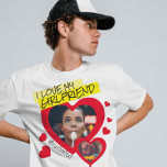 I love my Girlfriend red photo text y2k T-Shirt<br><div class="desc">Create your own I love my girlfriend shirt with this super colorful shirt template featuring 2 photos into huge red hearts and handwritten custom text on bright yellow highlight. This shirt can be a cringe, funny bf anniversary gift. Force your boyfriend to wear this super cute tiktok trend shirt all...</div>