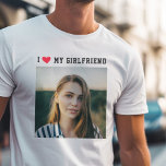 I Love My Girlfriend Sporty Minimalist Cute Photo T-Shirt<br><div class="desc">Great present for your boyfriend! Custom photo T-shirt saying I LOVE MY GIRLFRIEND in sporty minimalist typography and a red heart with your square picture below. Simple and easy customization!</div>