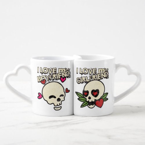 I Love my Girlfriend Vintage Skull Heart Couple Coffee Mug Set
