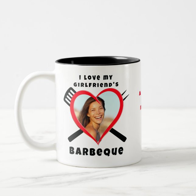 I Love My Girlfriend's BBQ Heart Custom Photo Name Two-Tone Coffee Mug (Left)