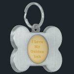 I Love My Golden Yellow Lab Pet ID Tag<br><div class="desc">Bone Shaped Pet ID Identification Tag printed with customizable template text phrase printed with customizable template text phrase I love My Golden Yellow Lab Dog Add Name on Hats, Shirts and Pet Products by TheFabricSeal print on demand shop at Zazzle.com #ZazzleMade https://www.zazzle.com/store/thefabricseal These custom House shaped pet tags are the...</div>
