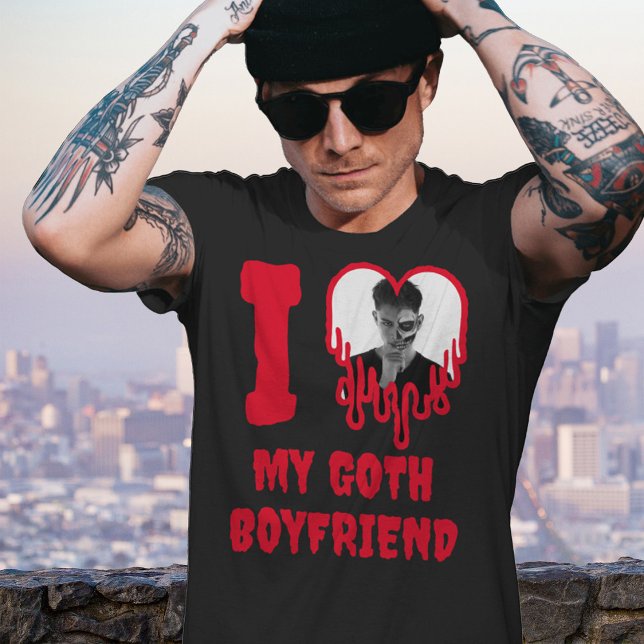 I Love My Goth Boyfriend Red Dripping Heart Photo T-Shirt (I ♥ My Goth Boyfriend T-Shirt, with photo template inside the heart, written in red dripping font)