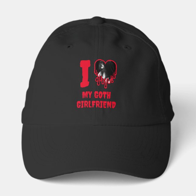 I Love My Goth Girlfriend Dripping Red Heart Photo Performance Cap (Front)