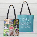 I Love My Grandkids 9 Photo Instagram Collage Tote Bag<br><div class="desc">Custom printed 2-sided tote bag personalized with your family photos and text. Add 9 square Instagram photos on one side with "I Love My Grandkids" quote and your grandchildren's names or other custom text on the reverse side. Use the design tools to choose any background color, add more photos and...</div>