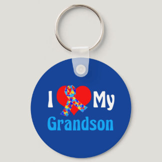 I Love My Grandson Autism Grandparent Blue Ribbon Keychain