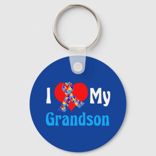 I Love My Grandson Autism Grandparent Blue Ribbon Keychain