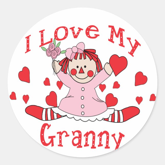 I love My Granny Rag Doll & Hearts Classic Round Sticker (Front)