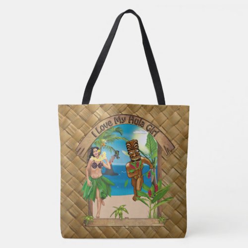 I Love My Hula Girl Tiki Lauhala Print Tote Bag