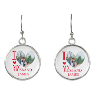 I Love My Husband Custom Heart Photo Earrings