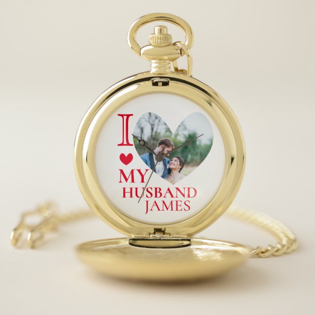 I Love My Husband Custom Heart Photo Pocket Watch (Inside)