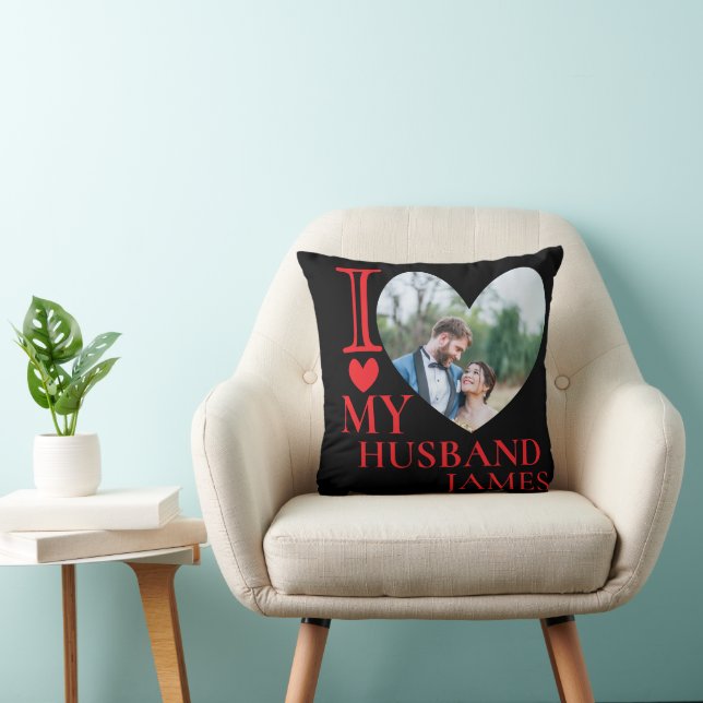 I Love My Husband Custom Photo Heart Throw Pillow (Chair)