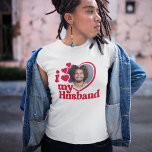 I Love My Husband Heart Photo T-Shirt<br><div class="desc">Looking for a unique and romantic gift? Look no further than this custom I Love My Husband photo shirt! Simply upload a photo of yourself, and Zazzle will print it onto a shirt for you. This shirt is perfect for anniversaries, Valentine's Day, or any other special occasion. Order yours today!...</div>